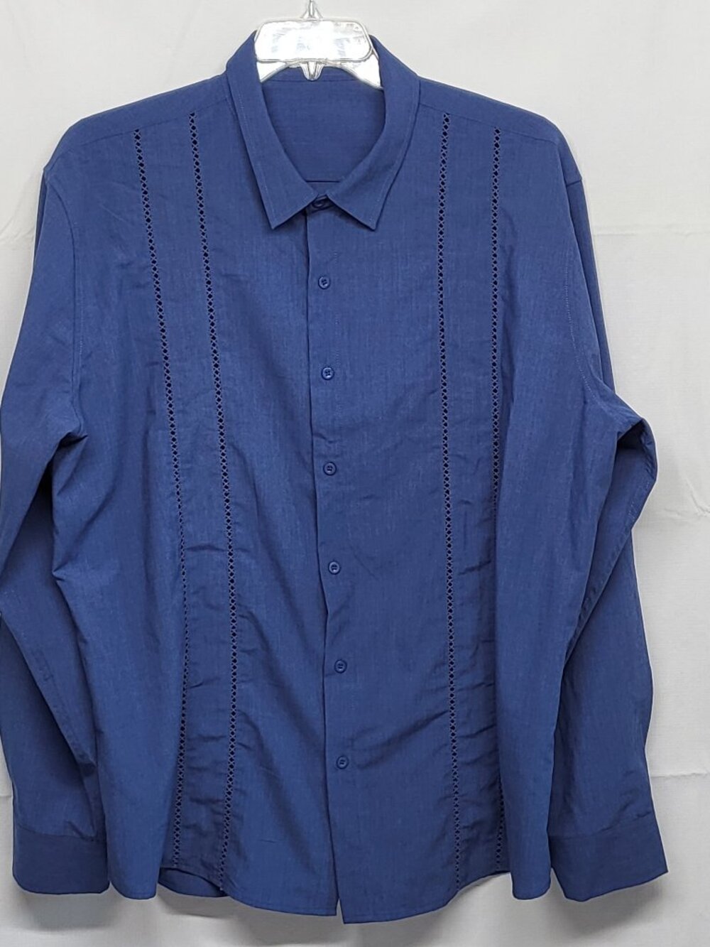 Coofandy Mens Guayabera Shirt Button Up XXL Long Sleeve Blue Vertical Cutouts